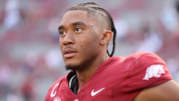 Aug 30, 2025; Fayetteville, Arkansas, USA; Arkansas Razorbacks quarterback Taylen Green after the game against the Alabama A&M Bulldogs at Donald W. Reynolds Razorback Stadium. Mandatory Credit: Nelson Chenault-Imagn Images