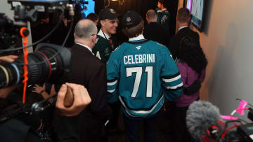 Jun 28, 2024; Las Vegas, Nevada, USA; San Jose Sharks 1st overall pick Macklin Celebrini talks with Minnesota Wild 1st round pick Zeev Buium in the first round of the 2024 NHL Draft at The Sphere. Mandatory Credit: Joe Camporeale-USA TODAY Sports