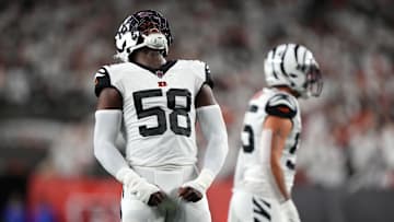 Sep 29, 2022; Cincinnati, Ohio, USA; Cincinnati Bengals defensive end Joseph Ossai (58) reacts as