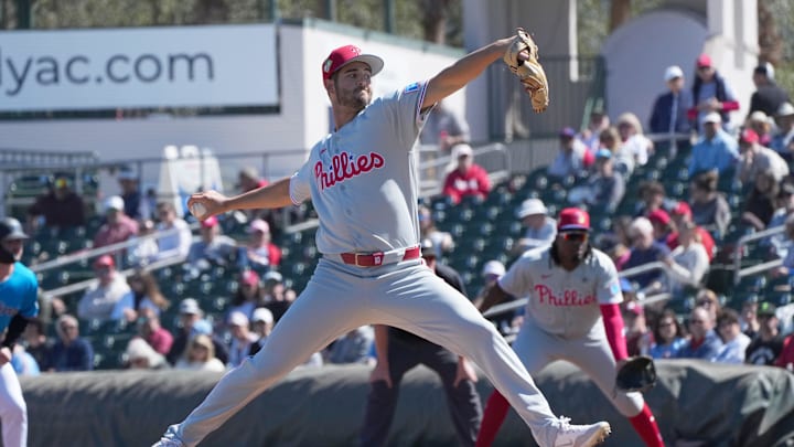 Feb 24, 2026; Jupiter, Florida, USA;  Philadelphia Phillies pitcher Max Lazar (60) pitches in the second inning against the Miami Marlins at Roger Dean Chevrolet Stadium. Mandatory Credit: Jim Rassol-Imagn Images