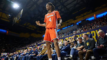 Feb 1, 2025; Berkeley, California, USA; Syracuse Orange forward Chris Bell (4) stands on the court against the California Golden Bears during the first half at Haas Pavilion. Mandatory Credit: Robert Edwards-Imagn Images