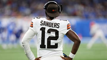 Cleveland Browns QB Shedeur Sanders (12) looks on during a game against the Detroit Lions on Sep. 28, 2025.
