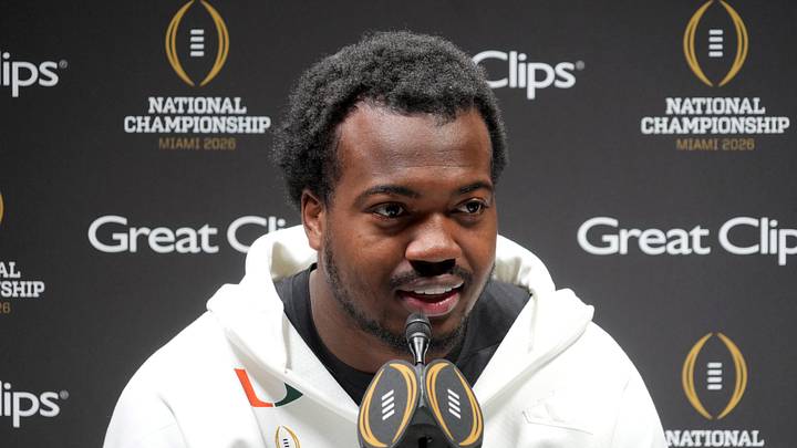 Jan 17, 2026; Miami, Florida, USA; Miami Hurricanes defensive lineman Rueben Bain Jr. during media day for the 2025 College Football Playoff National Championship at Miami Beach Convention Center. Mandatory Credit: Kirby Lee-Imagn Images