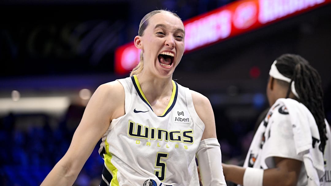 Sep 11, 2025; Arlington, Texas, USA; Dallas Wings guard Paige Bueckers (5) celebrates after the game against the Phoenix Mercury at College Park Center. Mandatory Credit: Jerome Miron-Imagn Images