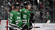 Dec 8, 2024; Dallas, Texas, USA; Dallas Stars center Colin Blackwell (15) and left wing Jason Robertson (21) and defenseman Miro Heiskanen (4) celebrate during the game between the Dallas Stars and the Calgary Flames at American Airlines Center. Mandatory Credit: Jerome Miron-Imagn Images