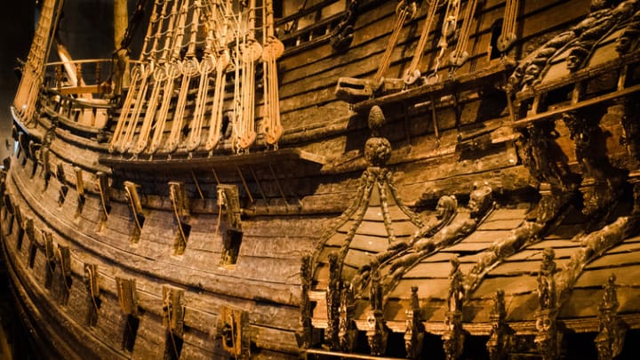 A detail of the ‘Vasa,’ the 17th-century Swedish shipwreck now preserved in a Stockholm museum.