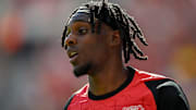 Jeremie Frimpong of Bayer Leverkusen during matchday 33 against Borussia Dortmund on 05.11.2025 at BayArena in Leverkusen, Germany. 