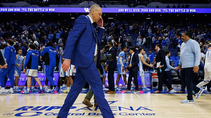 Dec 2, 2025; Lexington, Kentucky, USA; Kentucky Wildcats head coach Mark Pope walks off the court after the game against the North Carolina Tar Heels at Rupp Arena at Central Bank Center. Mandatory Credit: Jordan Prather-Imagn Images