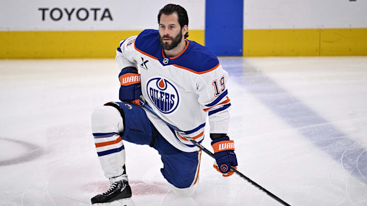 May 21, 2025; Dallas, Texas, USA; Edmonton Oilers center Adam Henrique (19) practices before game one of the Western Conference Final of the 2025 Stanley Cup Playoffs at American Airlines Center. Mandatory Credit: Jerome Miron-Imagn Images