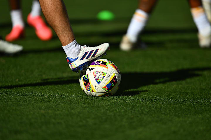 A general view of a ball on the field during warm ups prior to the 2024 MLS Cup.