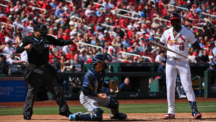 Mar 29, 2026; St. Louis, Missouri, USA; St. Louis Cardinals right fielder Jordan Walker (18) is called out on strikes by umpire Nestor Ceja (33) during the sixth inning against the Tampa Bay Rays at Busch Stadium. Mandatory Credit: Jeff Curry-Imagn Images