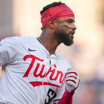 Minnesota Twins shortstop Willi Castro (50) celebrates his home run against the Kansas City Royals in the second inning at Target Field in Minneapolis on Aug. 12, 2024. 