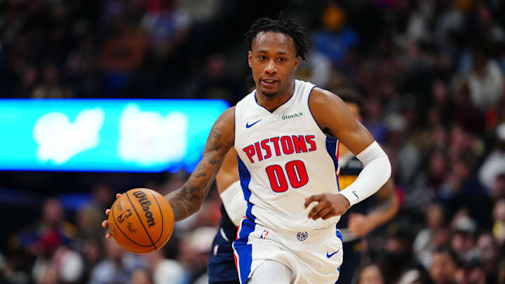 Dec 28, 2024; Denver, Colorado, USA; Detroit Pistons forward Ronald Holland II (00) dribbles up court in the second half against the Denver Nuggets at Ball Arena. Mandatory Credit: Ron Chenoy-Imagn Images Dec 28, 2024; Denver, Colorado, USA; Detroit Pistons forward Ronald Holland II (00) dribbles up court in the second half against the Denver Nuggets at Ball Arena. Mandatory Credit: Ron Chenoy-Imagn Images