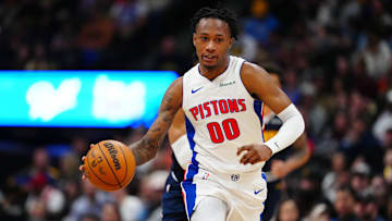 Dec 28, 2024; Denver, Colorado, USA; Detroit Pistons forward Ronald Holland II (00) : Ron Chenoy-Imagn Images