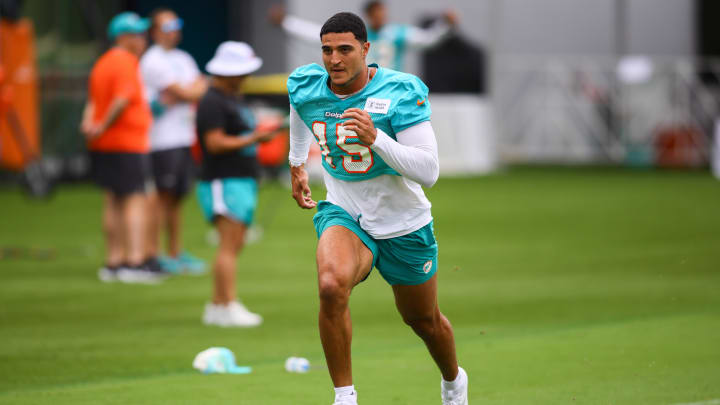 Miami Dolphins linebacker Jaelan Phillips (15) works out during training camp at Baptist Health Training Complex.