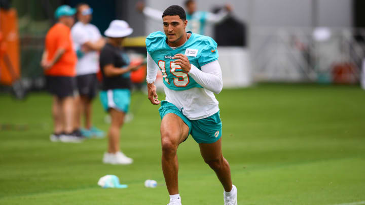 Miami Dolphins linebacker Jaelan Phillips works out during training camp at Baptist Health Training Complex.