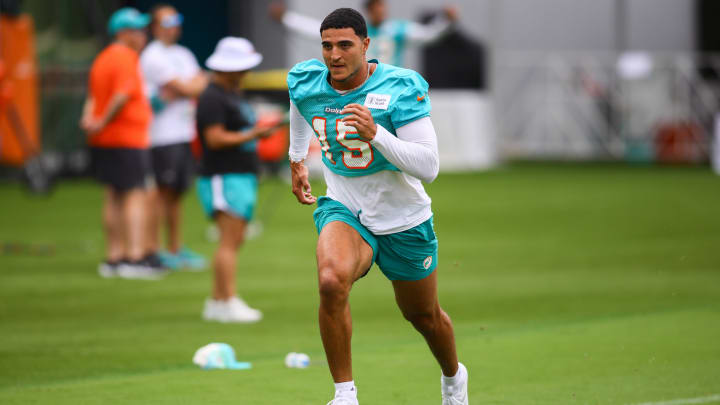 Miami Dolphins linebacker Jaelan Phillips (15) works out during training camp at Baptist Health Training Complex.