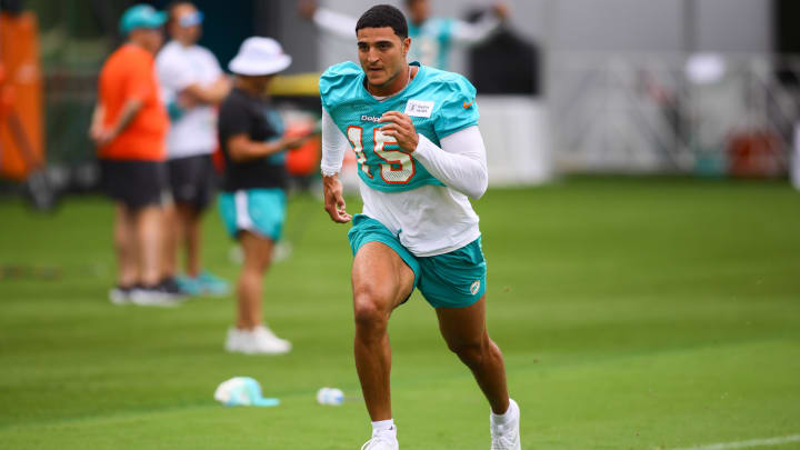 Miami Dolphins linebacker Jaelan Phillips works out during training camp at Baptist Health Training Complex.