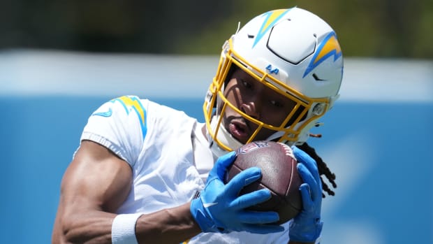 Los Angeles Chargers wide receiver Quentin Johnston (1) catches the ball during organized team activities.