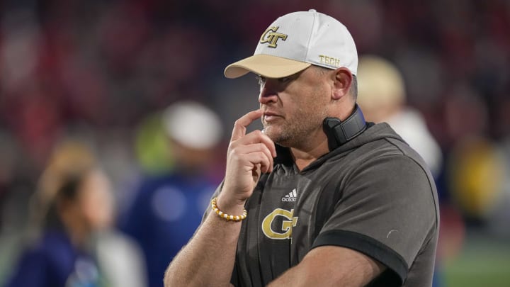 Nov 25, 2023; Atlanta, Georgia, USA; Georgia Tech Yellow Jackets head coach Brent Key on the field against the Georgia Bulldogs during the second half at Hyundai Field. Mandatory Credit: Dale Zanine-USA TODAY Sports