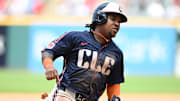 Jun 20, 2024; Cleveland, Ohio, USA; Cleveland Guardians designated hitter Jose Ramirez (11) rounds third base en route to scoring during the fifth inning against the Seattle Mariners at Progressive Field. Mandatory Credit: Ken Blaze-Imagn Images
