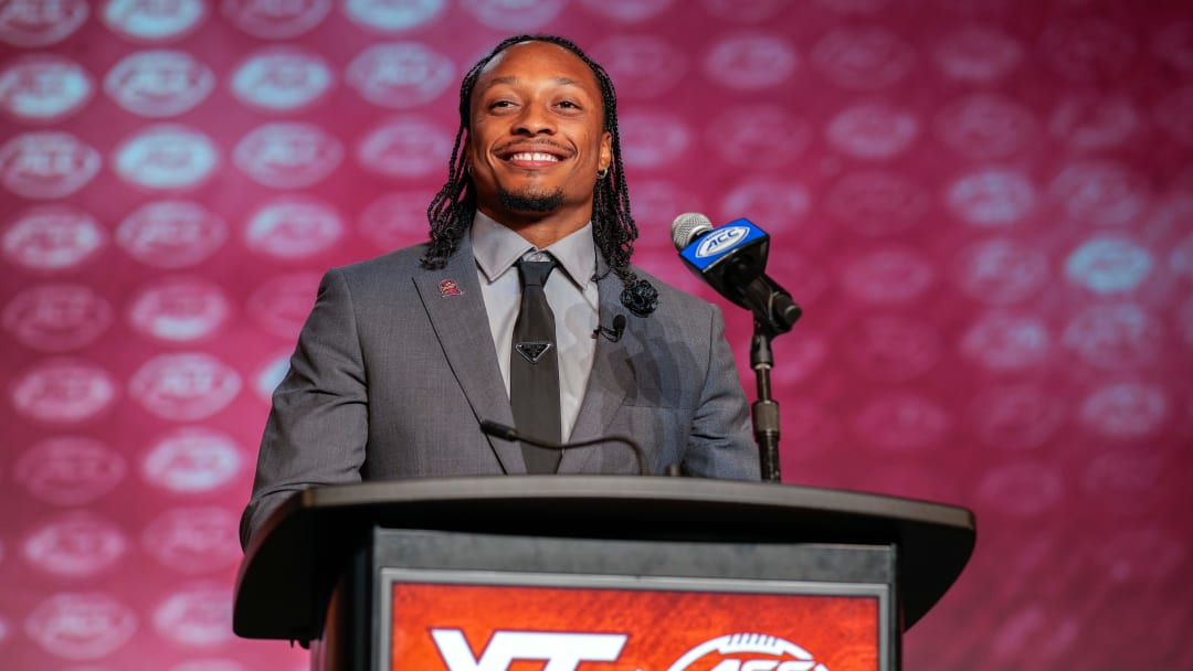 Jul 26, 2023; Charlotte, NC, USA;  Virginia Tech wide receiver Ali Jennings answers questions from the media during the ACC 2023 Kickoff at The Westin Charlotte. Mandatory Credit: Jim Dedmon-USA TODAY Sports