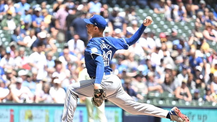Jun 12, 2024; Milwaukee, Wisconsin, USA; Toronto Blue Jays starting pitcher Chris Bassitt (40) delivers a pitch against the Milwaukee Brewers in the first inning at American Family Field. Mandatory Credit: Michael McLoone-USA TODAY Sports