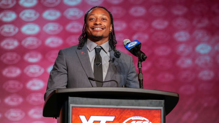 Jul 26, 2023; Charlotte, NC, USA;  Virginia Tech wide receiver Ali Jennings answers questions from the media during the ACC 2023 Kickoff at The Westin Charlotte. Mandatory Credit: Jim Dedmon-USA TODAY Sports