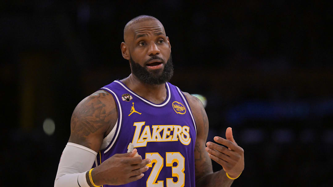 Feb 5, 2026; Los Angeles, California, USA;  Los Angeles Lakers forward LeBron James (23) reacts after a foul in the second half against the Philadelphia 76ers at Crypto.com Arena. Mandatory Credit: Jayne Kamin-Oncea-Imagn Images