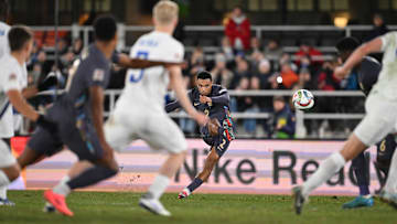 Trent Alexander-Arnold curls in a free kick against Finland 