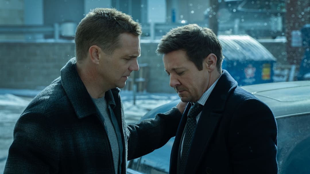 L-R: Taylor Handley as Kyle McLusky and Jeremy Renner as Mike McLusky in Mayor of Kingstown episode 1, season 4, streaming on Paramount+, 2025. Credit: Dennis P. Mong Jr./Paramount+