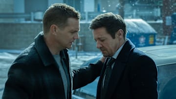 L-R: Taylor Handley as Kyle McLusky and Jeremy Renner as Mike McLusky in Mayor of Kingstown episode 1, season 4, streaming on Paramount+, 2025. Credit: Dennis P. Mong Jr./Paramount+