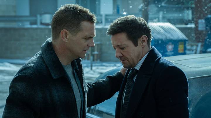 L-R: Taylor Handley as Kyle McLusky and Jeremy Renner as Mike McLusky in Mayor of Kingstown episode 1, season 4, streaming on Paramount+, 2025. Credit: Dennis P. Mong Jr./Paramount+