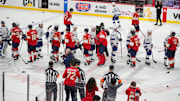 Apr 29, 2024; Sunrise, Florida, USA; Tampa Bay Lightning and Florida Panthers shake hands following game five of the first round of the 2024 Stanley Cup Playoffs at Amerant Bank Arena. The Panther won the series 4-1 and advance to the second round. Mandatory Credit: Jim Rassol-Imagn Images
