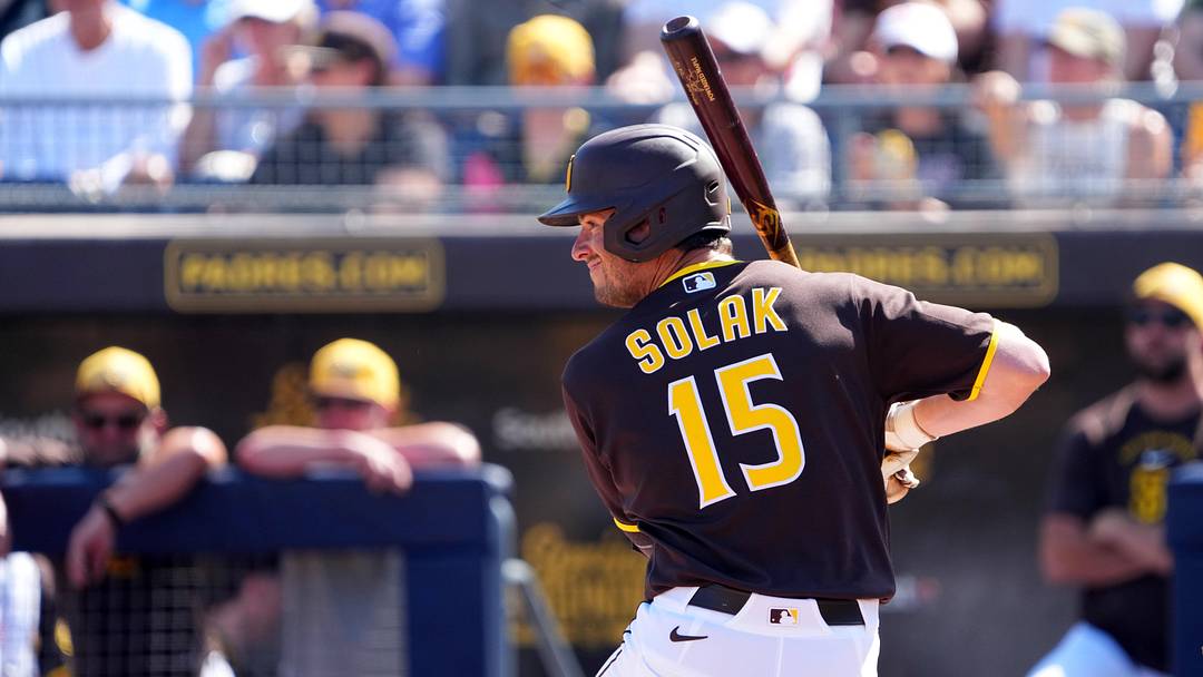 Mar 9, 2026; Peoria, Arizona, USA; San Diego Padres designated hitter Nick Solak (15) bats against the Texas Rangers during the second inning at Peoria Sports Complex. Mandatory Credit: Joe Camporeale-Imagn Images