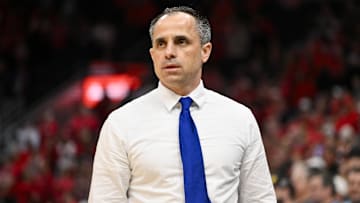 Mar 9, 2025; St. Louis, Missouri, USA;  Drake Bulldogs head coach Ben McCollum looks on during the first half of the Missouri Valley Conference Tournament Championship game against the Bradley Braves at Enterprise Center. Mandatory Credit: Jeff Curry-Imagn Images