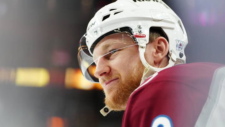 May 24, 2026; Las Vegas, Nevada, USA; Colorado Avalanche center Nathan MacKinnon (29) warms up before a game against the Vegas Golden Knights in game three of the Western Conference Final of the 2026 Stanley Cup Playoffs at T-Mobile Arena. Mandatory Credit: Stephen R. Sylvanie-Imagn Images