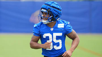 May 28, 2025; Woodland Hills, CA, USA; Los Angeles Rams running back Jarquez Hunter (35) runs to sideline during organized team activities at Rams Practice Facility. Mandatory Credit: Kirby Lee-Imagn Images