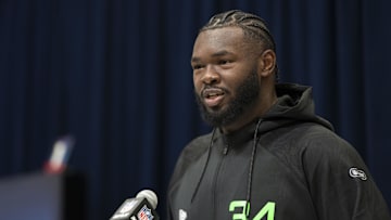 University of Miami offensive lineman Jalen Rivers (OL34) answers questions at a press conference during the 2025 NFL Combine at Indiana Convention Center. 
