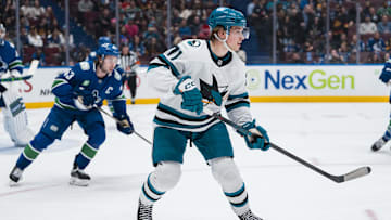 Apr 14, 2025; Vancouver, British Columbia, CAN; San Jose Sharks forward Macklin Celebrini (71) skates against the Vancouver Canucks in the first period at Rogers Arena. Mandatory Credit: Bob Frid-Imagn Images