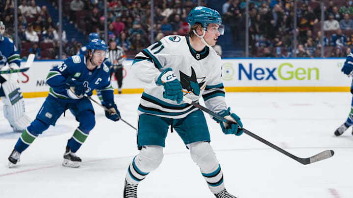 Apr 14, 2025; Vancouver, British Columbia, CAN; San Jose Sharks forward Macklin Celebrini (71) skates against the Vancouver Canucks in the first period at Rogers Arena. Mandatory Credit: Bob Frid-Imagn Images