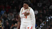 Maryland Terrapins center Derik Queen (25) celebrates after a play during the second half against the Michigan Wolverines at Gainbridge Fieldhouse.