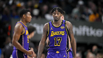 Apr 9, 2025; Dallas, Texas, USA; Los Angeles Lakers forward Dorian Finney-Smith (17) during the game between the Dallas Mavericks and the Los Angeles Lakers at American Airlines Center. Mandatory Credit: Jerome Miron-Imagn Images