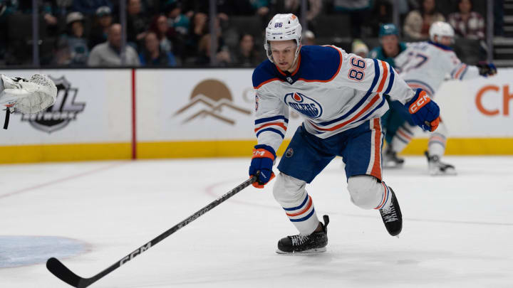 Apr 8, 2023; San Jose, California, USA;  Edmonton Oilers defenseman Philip Broberg (86) chases after the puck during the second period against the San Jose Sharks at SAP Center at San Jose. Mandatory Credit: Stan Szeto-USA TODAY Sports