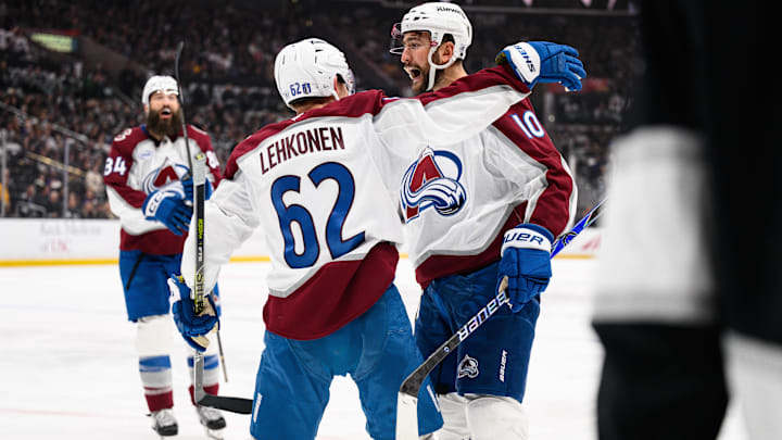 Apr 26, 2026; Los Angeles, California, USA; Colorado Avalanche center Nicolas Roy (10) is greeted by teammates after scoring during the third period in game four of the first round of the 2026 Stanley Cup Playoffs against the Los Angeles Kings at Crypto.com Arena. Mandatory Credit: William Liang-Imagn Images