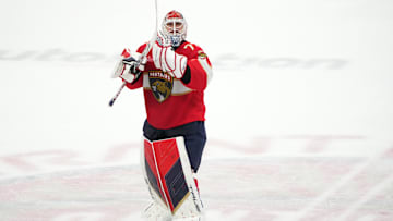 Oct 19, 2024; Sunrise, Florida, USA;  Florida Panthers goaltender Sergei Bobrovsky (72) applauds fans following an overtime victory over the Vegas Golden Knights at Amerant Bank Arena. 