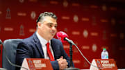 Oct 22, 2025; Los Angeles, CA, USA; Los Angeles Angels general manager Perry Minasian speaks during a press conference at Angel Stadium. Mandatory Credit: William Liang-Imagn Images
