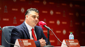 Oct 22, 2025; Los Angeles, CA, USA; Los Angeles Angels general manager Perry Minasian speaks during a press conference at Angel Stadium. Mandatory Credit: William Liang-Imagn Images
