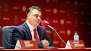 Angels general manager Perry Minasian speaks during a press conference at Angel Stadium on Oct. 22.