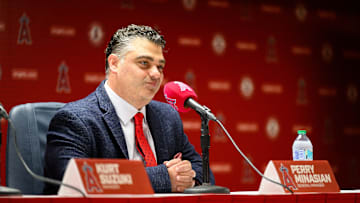 Angels general manager Perry Minasian speaks during a press conference at Angel Stadium on Oct. 22.